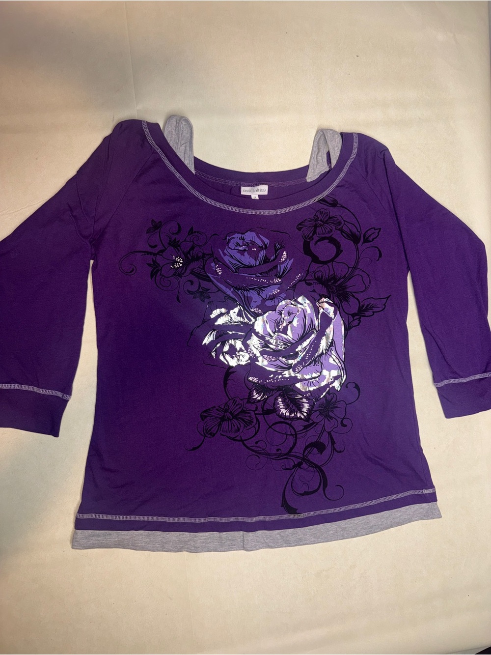 Fashion Bug Purple Scoop-Neck Floral Long Sleeve Top